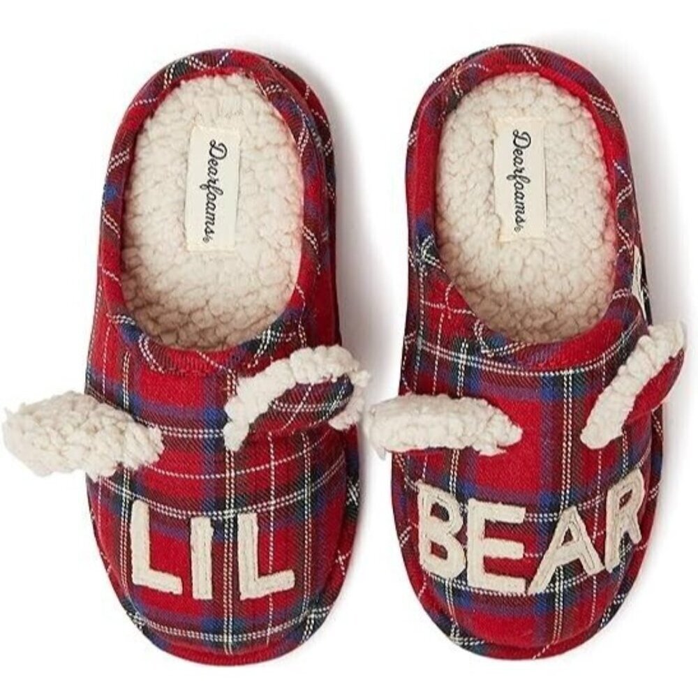 Dearfoams Kids Toddler  Little Kids Lil Bear‎ Plaid Red Slippers NEW 9-10  US